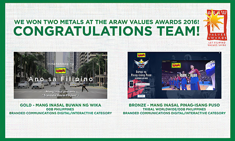 Mang Inasal bags metals anew, wins Gold and Bronze from ARAW Values Awards