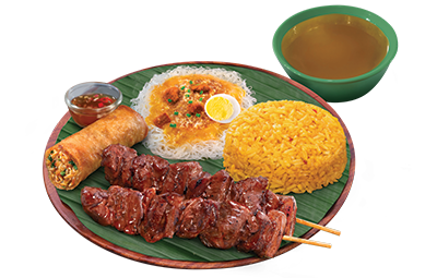 2 pcs Pork BBQ, 1 pc lumpiang Togue, Half Palabok, Java Rice, Soup, Solo Fiesta