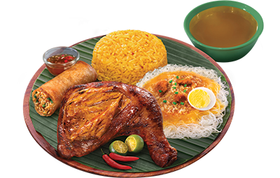 1 pc Chicken Inasal Paa Large, 1pc Lumpiang Togue, Half Palabok, Java Rice, Soup, Solo Fiesta