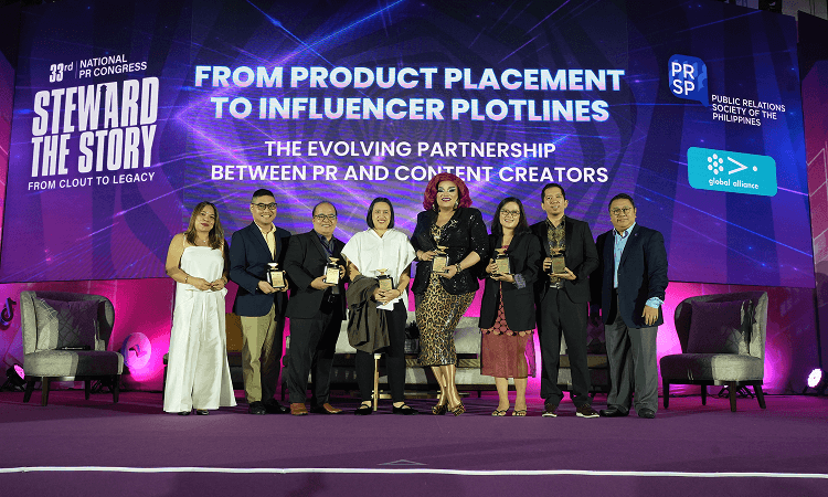 Mang Inasal Digital Content and Community Relations Manager Dezza Alvarez-Jagolino (third from right) is joined by (from left) PRSP President Ana Pista, APR; Aboitiz InfraCapital's Franz dela Fuente; session moderator Deivid Rioferio, APR; PROBE Managing Director Jen Aquino; Drag Performer Your Tita Baby; Philippine Information Agency Regional Director Emver Cortez; and 33rd National PR Congress Chair Ed Timbungco, APR